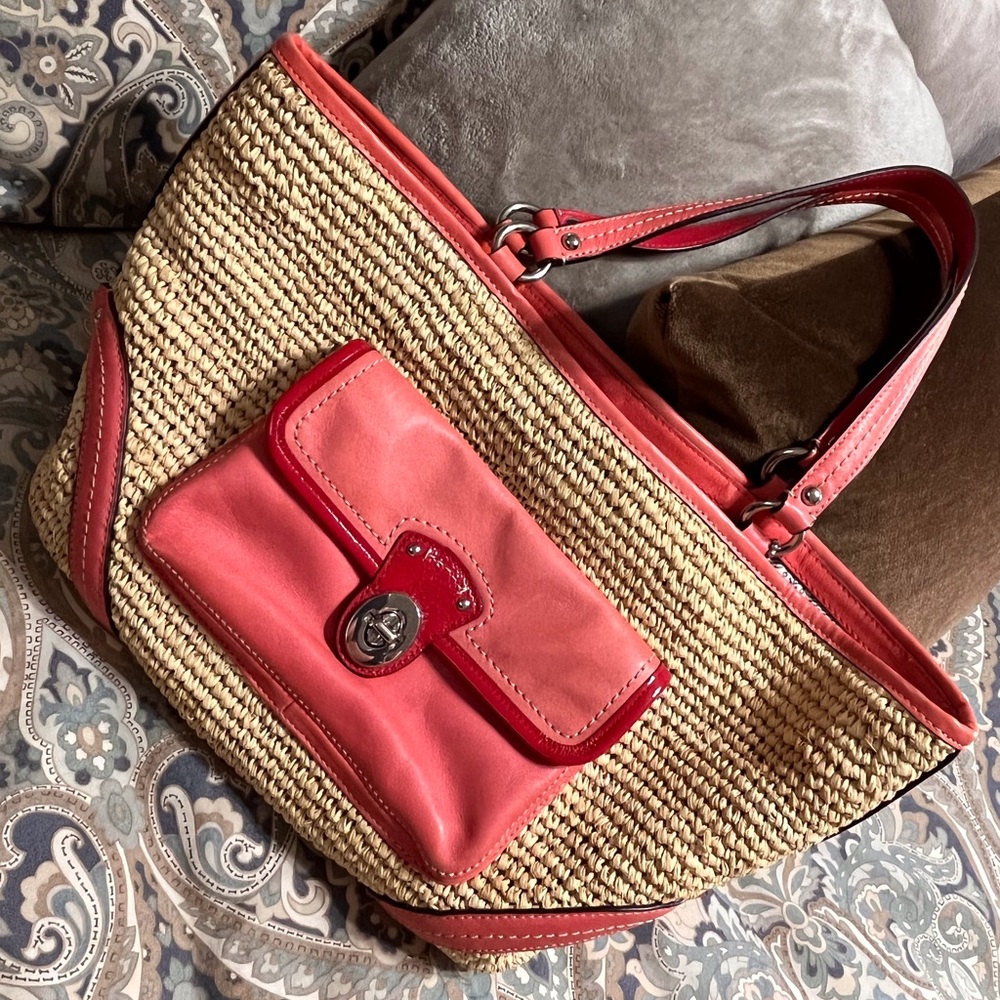 Coral/Pink Coach Straw Hand Bag